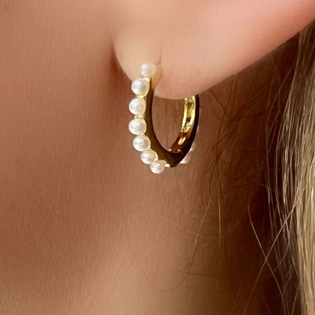 Mini Pearl Hoops Earrings on woman- LPL Creations