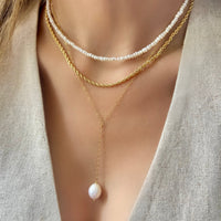 Single Pearl Lariat Necklace Layered with Mini Pearl Necklace - LPL Creations