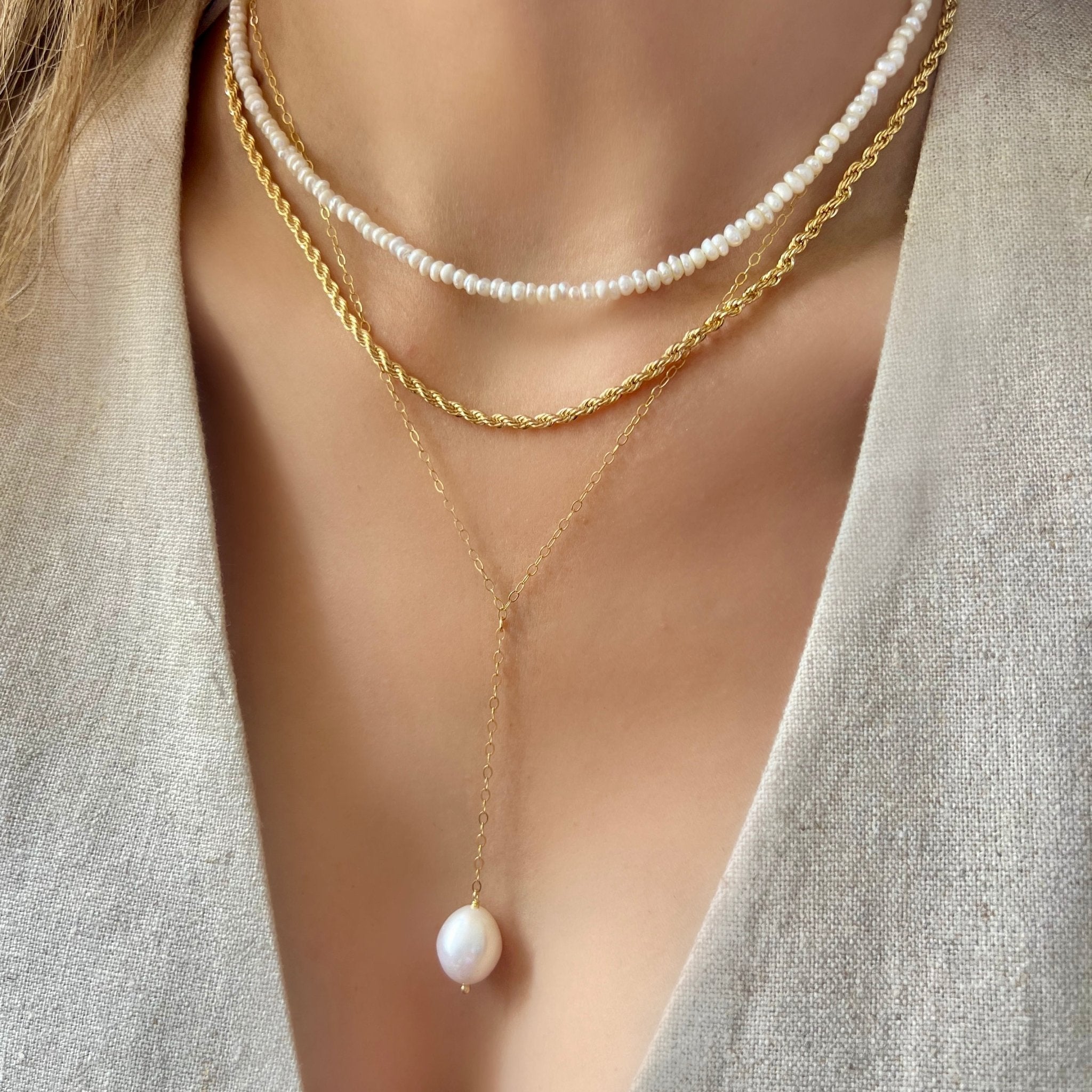Single Pearl Lariat Necklace Layered with Mini Pearl Necklace - LPL Creations