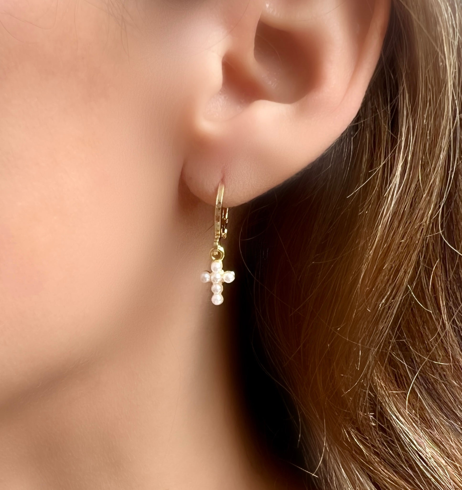 Pearl Cross Mini Hoops Earrings - LPL Creations