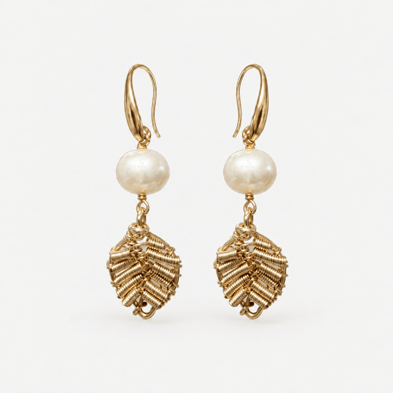 Golden Leaf Pearl Earrings - LPL Creations