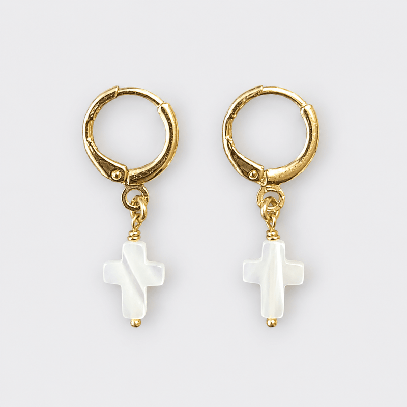 Mother of Pearl Cross Mini Hoops Earrings - LPL Creations