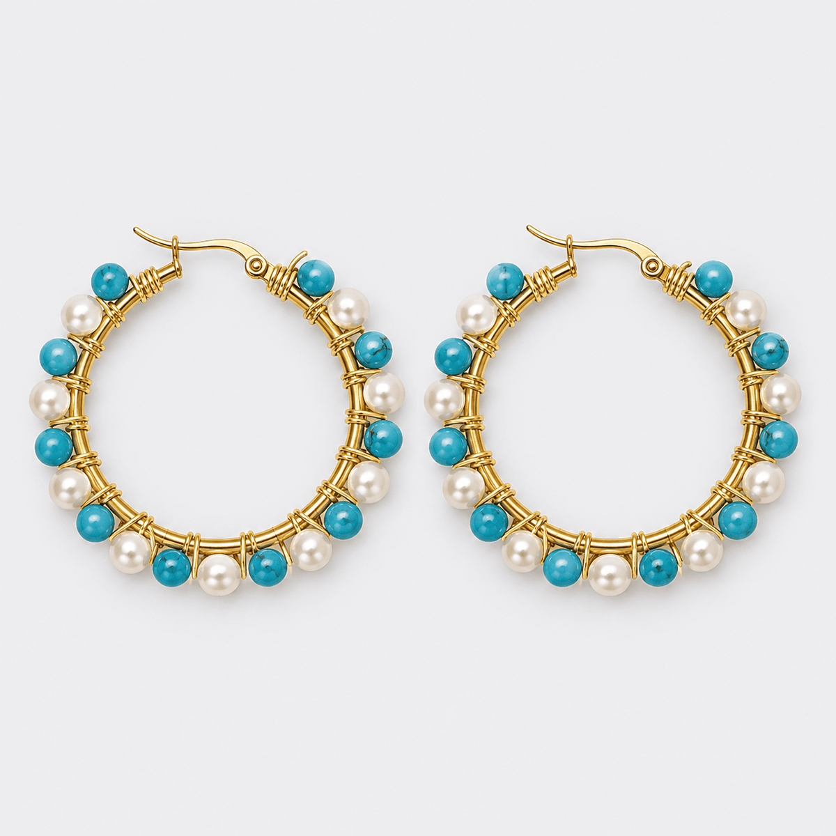 Turquoise and Freshwater Pearls Hoops Earrings - LPL Creations