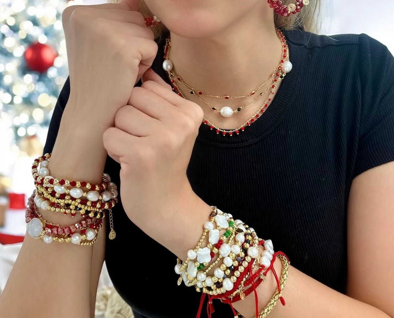 Woman wearing LPL Christmas collection