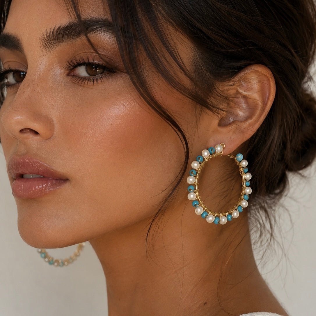 Turquoise and Freshwater Pearls Hoops Earrings - LPL Creations