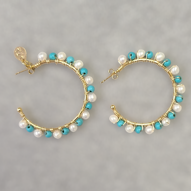 Turquoise and Freshwater Pearls Hoops Earrings
